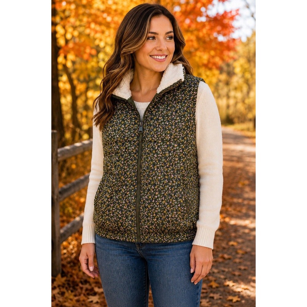 Universal Thread Women’s Green Floral Puffer Vest Sherpa Collar Full Zip Small